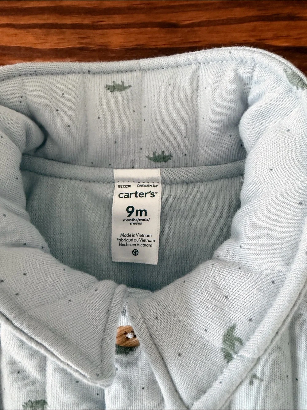 Carter's Light Blue Quilted Button Front Jacket with Tiny Green Dino Print